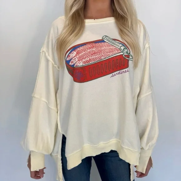 Free People Camden graphic sardine sweatshirt cream white sweater top - Picture 1 of 6